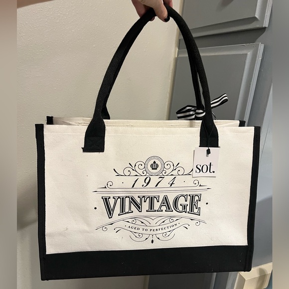 NWT “1974 Vintage, Back in 1974” Large Canvas Tote Bag Black & White Bow Detail - Picture 10 of 13